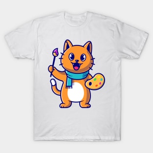 Cute Cat Painter Holding Colour Pallete And Brush Cartoon T-Shirt